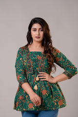 V-Neck Cotton Top with Procion Print & Tassels