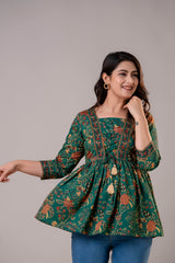 V-Neck Cotton Top with Procion Print & Tassels