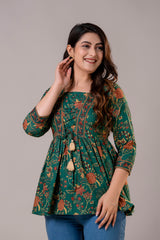 V-Neck Cotton Top with Procion Print & Tassels