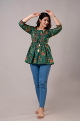 V-Neck Cotton Top with Procion Print & Tassels