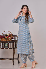 Sky Blue Procion Printed Kurta Set with Zari Embroidery & Dupatta