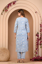 Powder Blue Pure Cotton Embroidered 3Pc Kurta, Pant, Dupatta Set