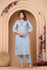 Powder Blue Pure Cotton Embroidered 3Pc Kurta, Pant, Dupatta Set