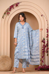 Powder Blue Pure Cotton Embroidered 3Pc Kurta, Pant, Dupatta Set