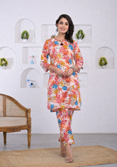 Pink Cotton Printed Co-ord Set with Kantha Work