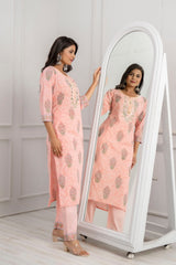 Peach Floral 3Pc Cotton Kurta Set with Embroidery & Mirror Work