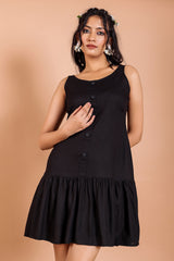 Black Sleeveless Frilled Midi Dress with Button Craft