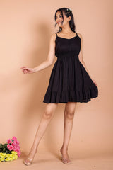 Modern Black Smocked Flared Midi Dress