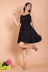 Modern Black Smocked Flared Midi Dress