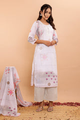 White Printed Mulmul Cotton 3Pc Kurta Set with Embroidery