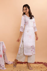 White Printed Mulmul Cotton 3Pc Kurta Set with Embroidery