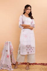 White Printed Mulmul Cotton 3Pc Kurta Set with Embroidery