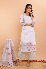 White Printed Mulmul Cotton 3Pc Kurta Set with Embroidery