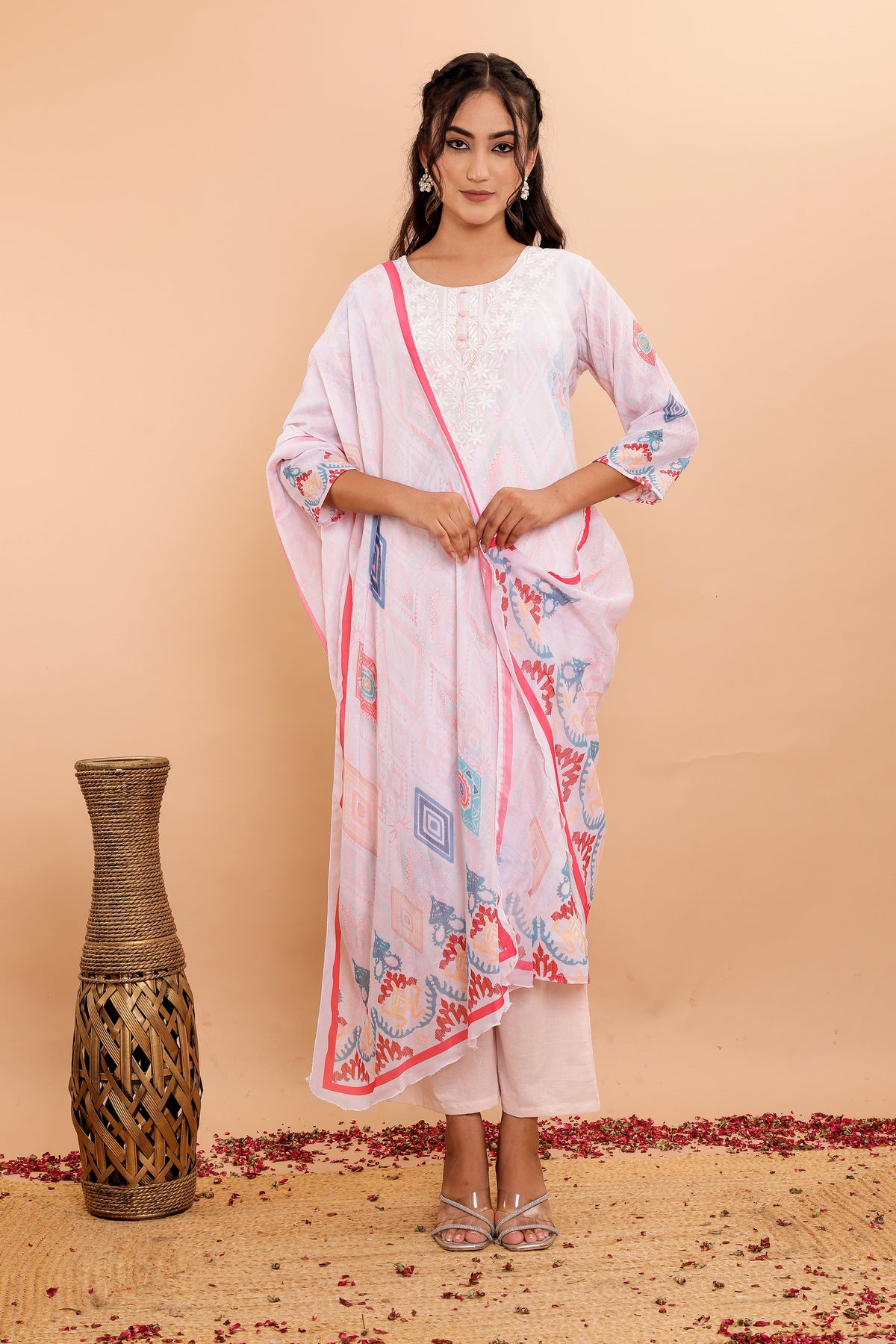 White Printed Mulmul Cotton 3Pc Kurta Set with Embroidery
