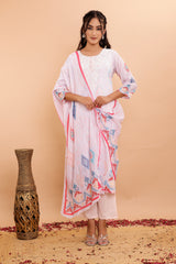 White Printed Mulmul Cotton 3Pc Kurta Set with Embroidery