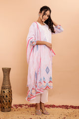 White Printed Mulmul Cotton 3Pc Kurta Set with Embroidery