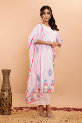 White Printed Mulmul Cotton 3Pc Kurta Set with Embroidery