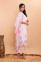 White Printed Mulmul Cotton 3Pc Kurta Set with Embroidery