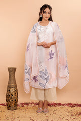 Printed Mulmul Cotton 3Pc Kurta Set with Embroidery
