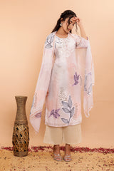 Printed Mulmul Cotton 3Pc Kurta Set with Embroidery