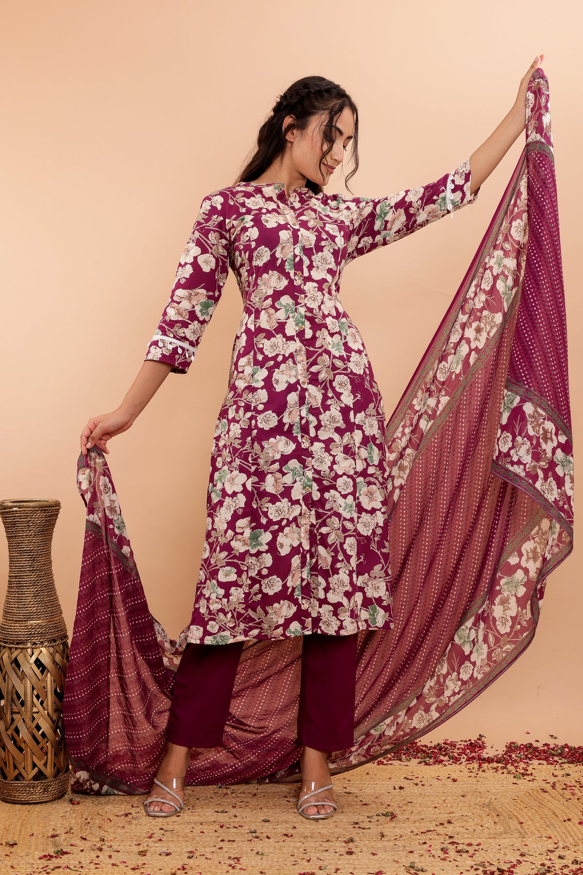 Cotton Floral Printed 3Pc Kurta Set with Craft Buttons