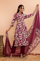 Cotton Floral Printed 3Pc Kurta Set with Craft Buttons