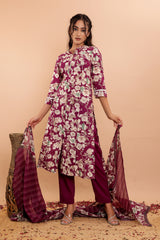 Cotton Floral Printed 3Pc Kurta Set with Craft Buttons