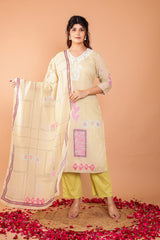 Light Green Mulmul 3 Pc Kurta Set With Embroidery