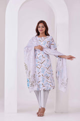 Off-White Floral Printed 3Pc Kurta, Pant & Dupatta Set