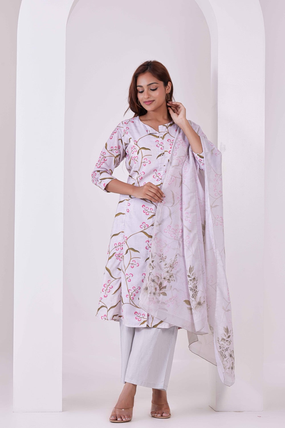 Off-White Floral Printed 3Pc Kurta, Pant & Dupatta Set