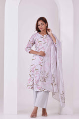 Off-White Floral Printed 3Pc Kurta, Pant & Dupatta Set