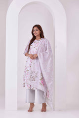 Off-White Floral Printed 3Pc Kurta, Pant & Dupatta Set
