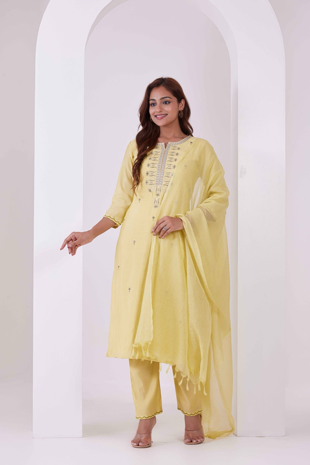 Roman Silk Kurta Pant Set with Embroidery & Mirror Detail