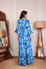 Blue Pure Chinon Floral Print Flared Maxi Dress
