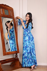 Blue Pure Chinon Floral Print Flared Maxi Dress