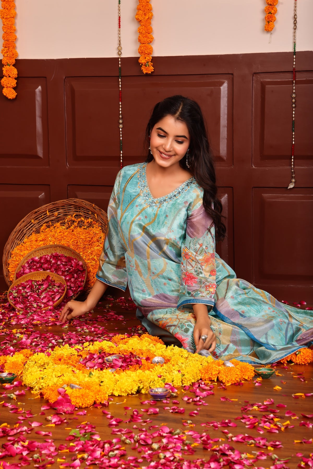 Tissue Silk Printed Shimmer 3Pc Kurta, Pant, and Dupatta Set