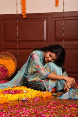 Tissue Silk Printed Shimmer 3Pc Kurta, Pant, and Dupatta Set