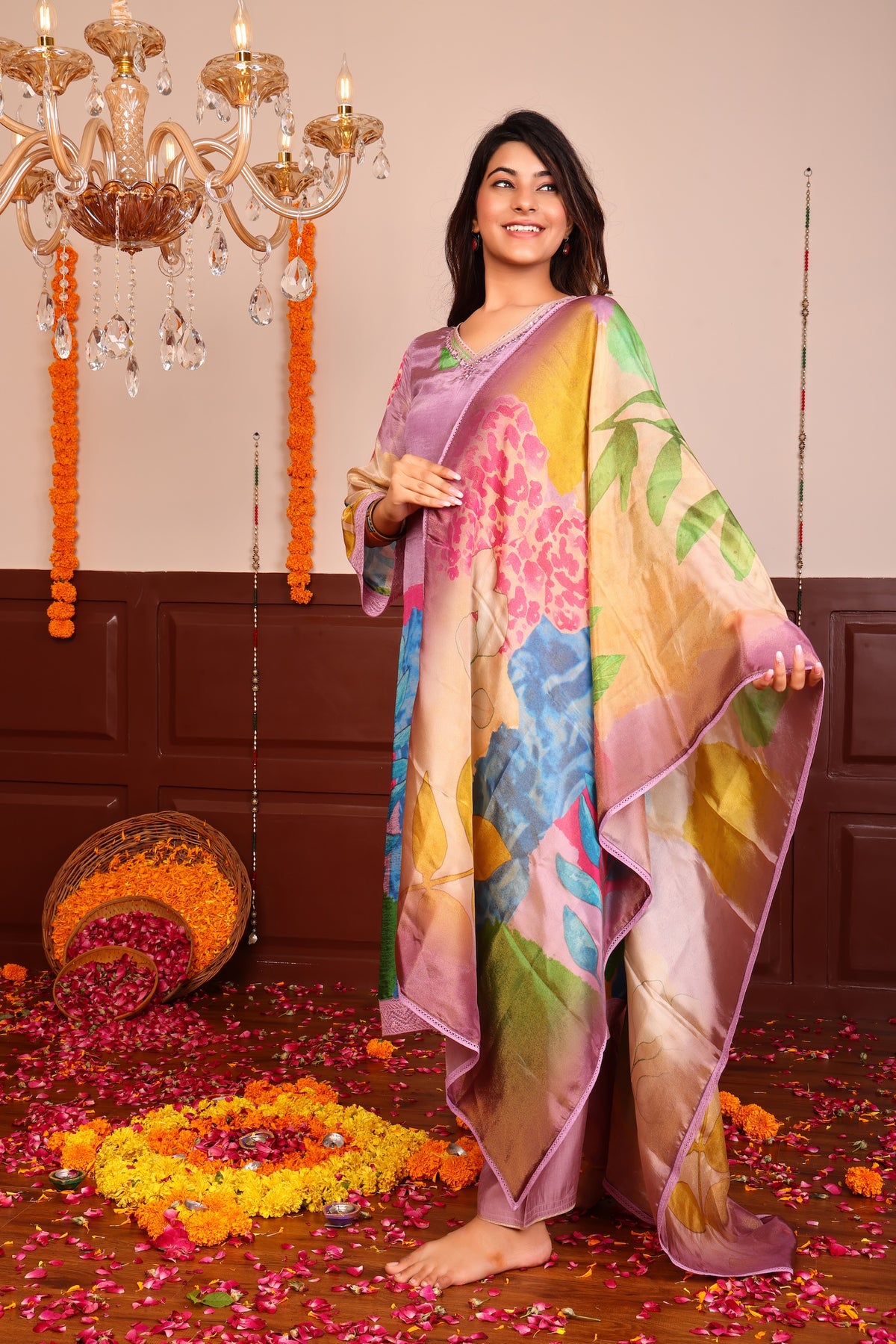 Tissue Silk Printed Shimmer 3Pc Kurta, Pant, and Dupatta Set