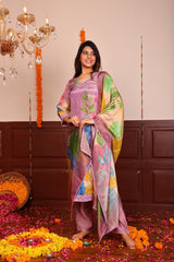 Tissue Silk Printed Shimmer 3Pc Kurta, Pant, and Dupatta Set