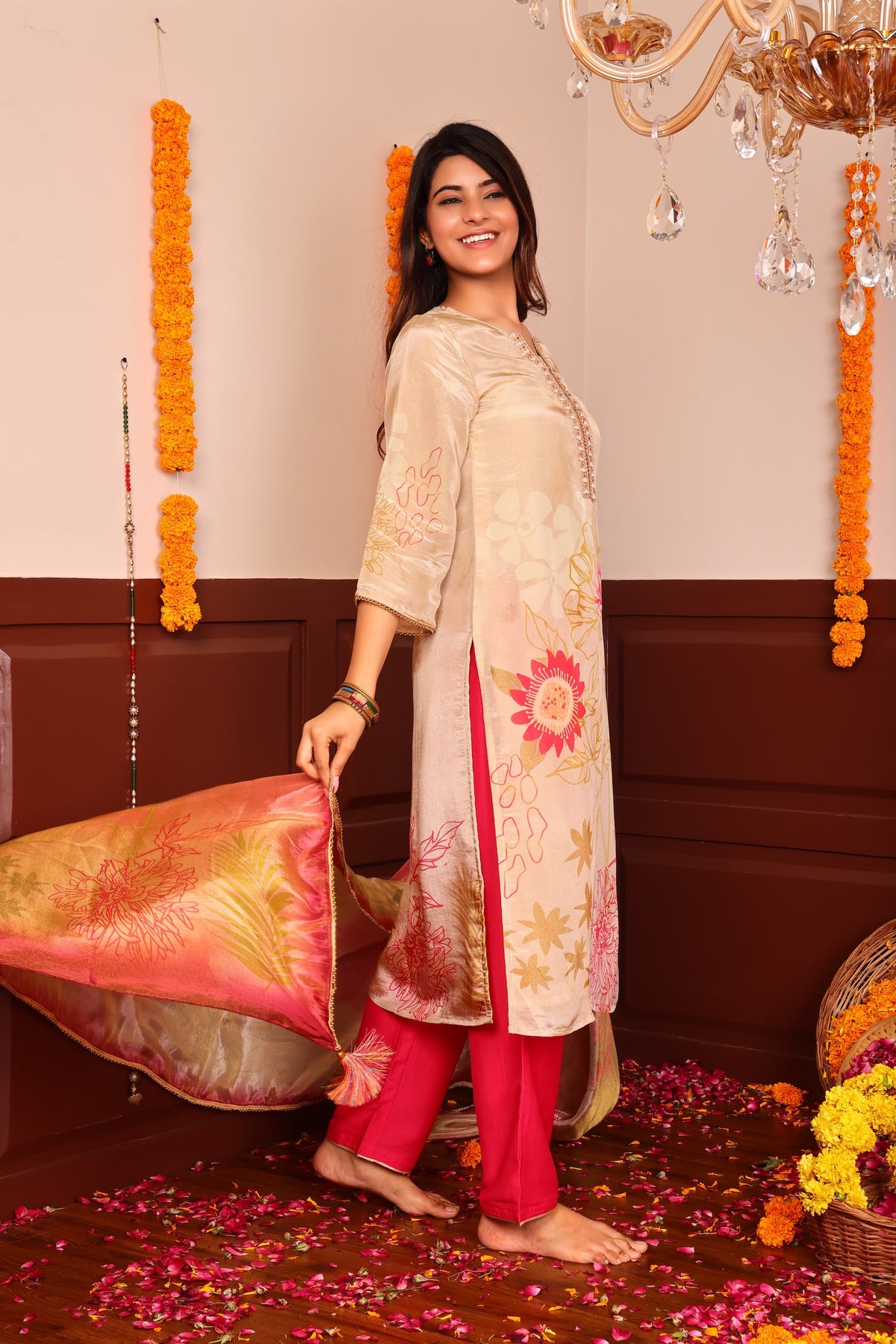 Beige Floral Printed Tissue Shimmer 3Pc Kurta, Pant, and Dupatta Set