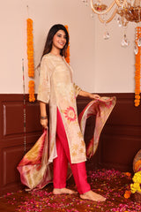 Beige Floral Printed Tissue Shimmer 3Pc Kurta, Pant, and Dupatta Set
