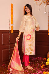 Beige Floral Printed Tissue Shimmer 3Pc Kurta, Pant, and Dupatta Set