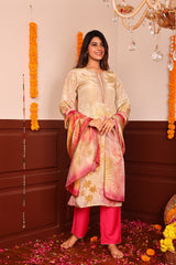 Beige Floral Printed Tissue Shimmer 3Pc Kurta, Pant, and Dupatta Set