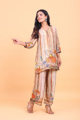 Multi-Color Striped Floral Printed Crepe Co-ord Set