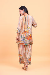 Multi-Color Striped Floral Printed Crepe Co-ord Set