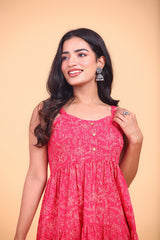 Pink Floral Printed Flowy Cotton Dress