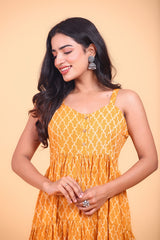 Abstract Bagru Printed Flowy Mustard Cotton Dress