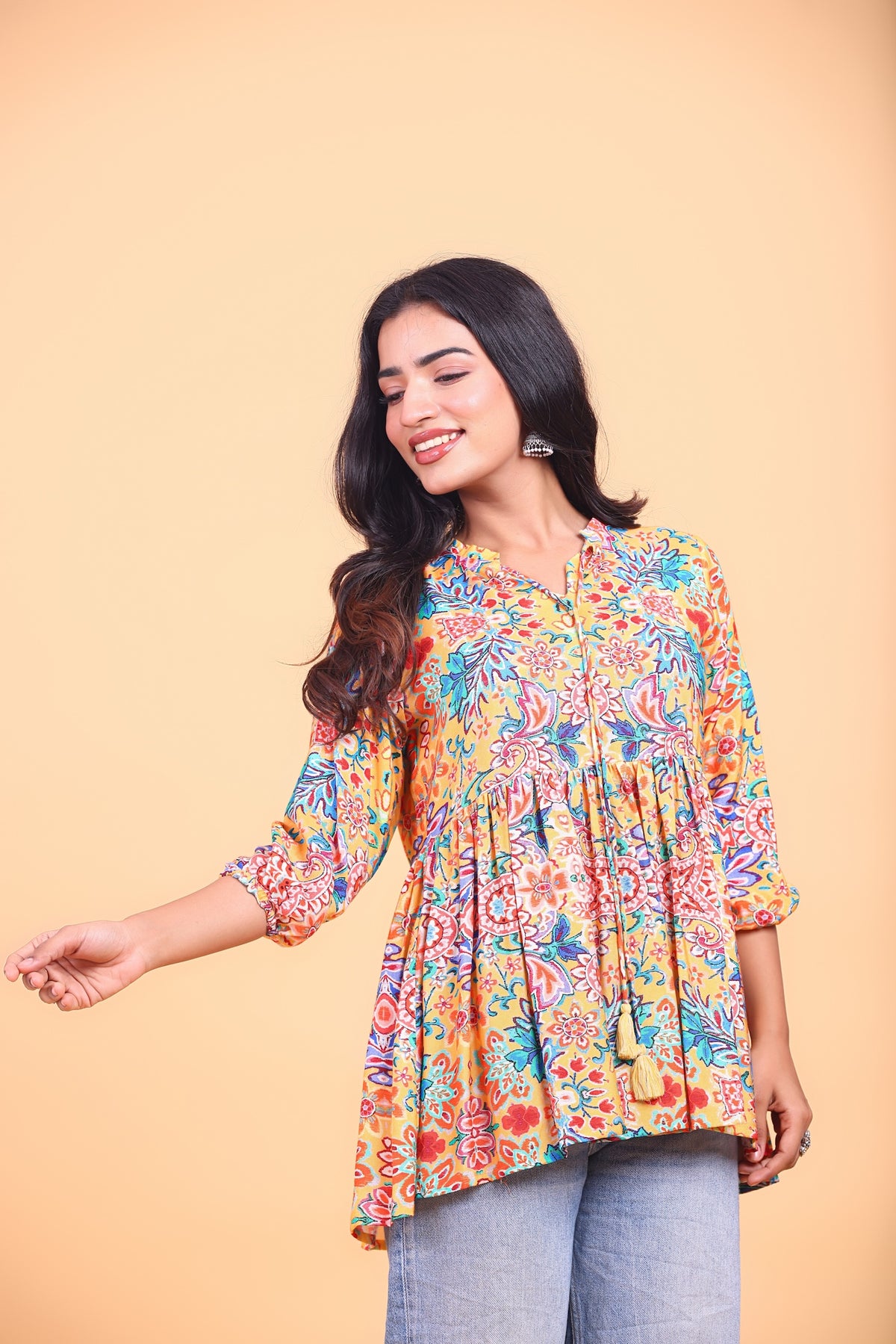Multi-colour Floral Printed Tie-Up Flared Top