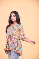 Multi-colour Floral Printed Tie-Up Flared Top