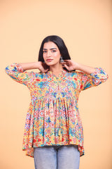 Multi-colour Floral Printed Tie-Up Flared Top